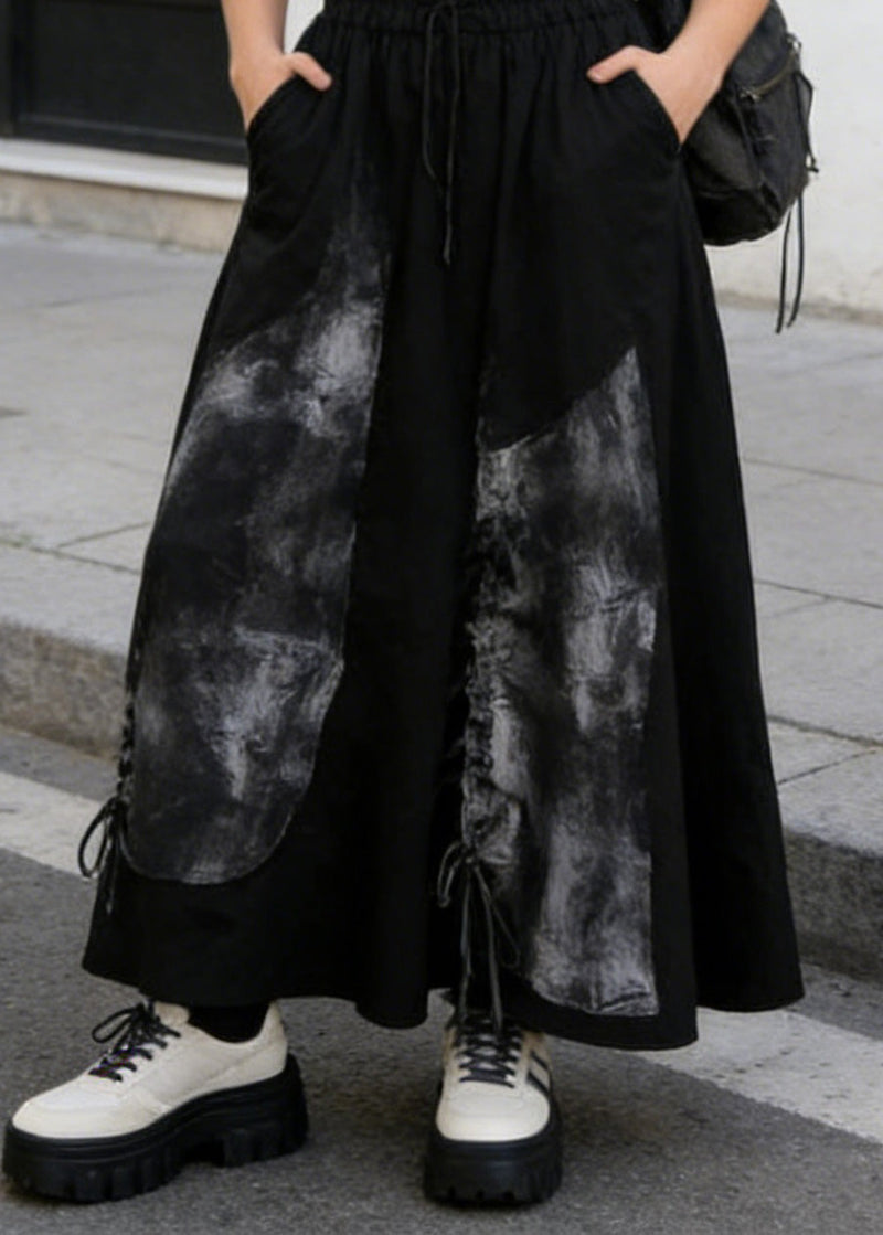 Black Pockets Print Drawstring Cotton Skirt Summer