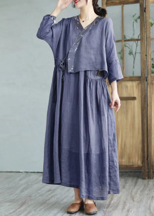 Retro Navy V Neck Patchwork Linen Top and Maxi Skirts Two Pieces Set Summer