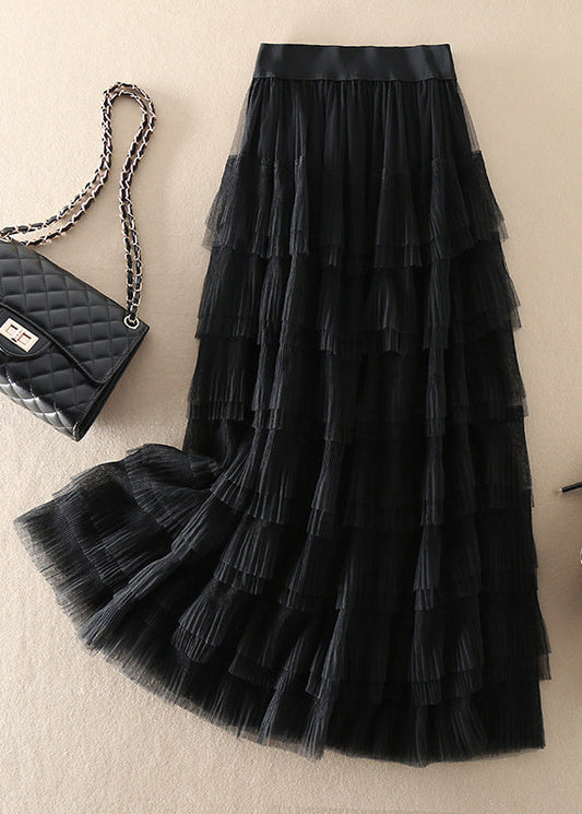 Organic Black Elastic Waist Wrinkled Tulle Skirts Spring