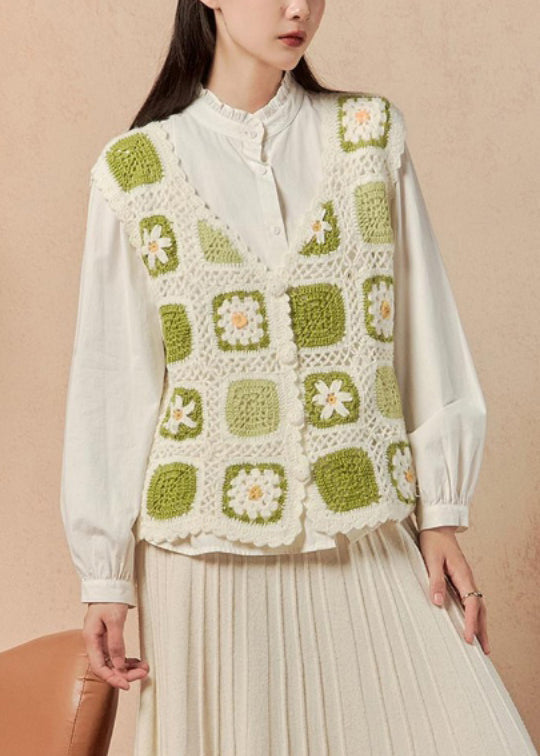 Green Button Hollow Out Knit Waistcoat Sleeveless