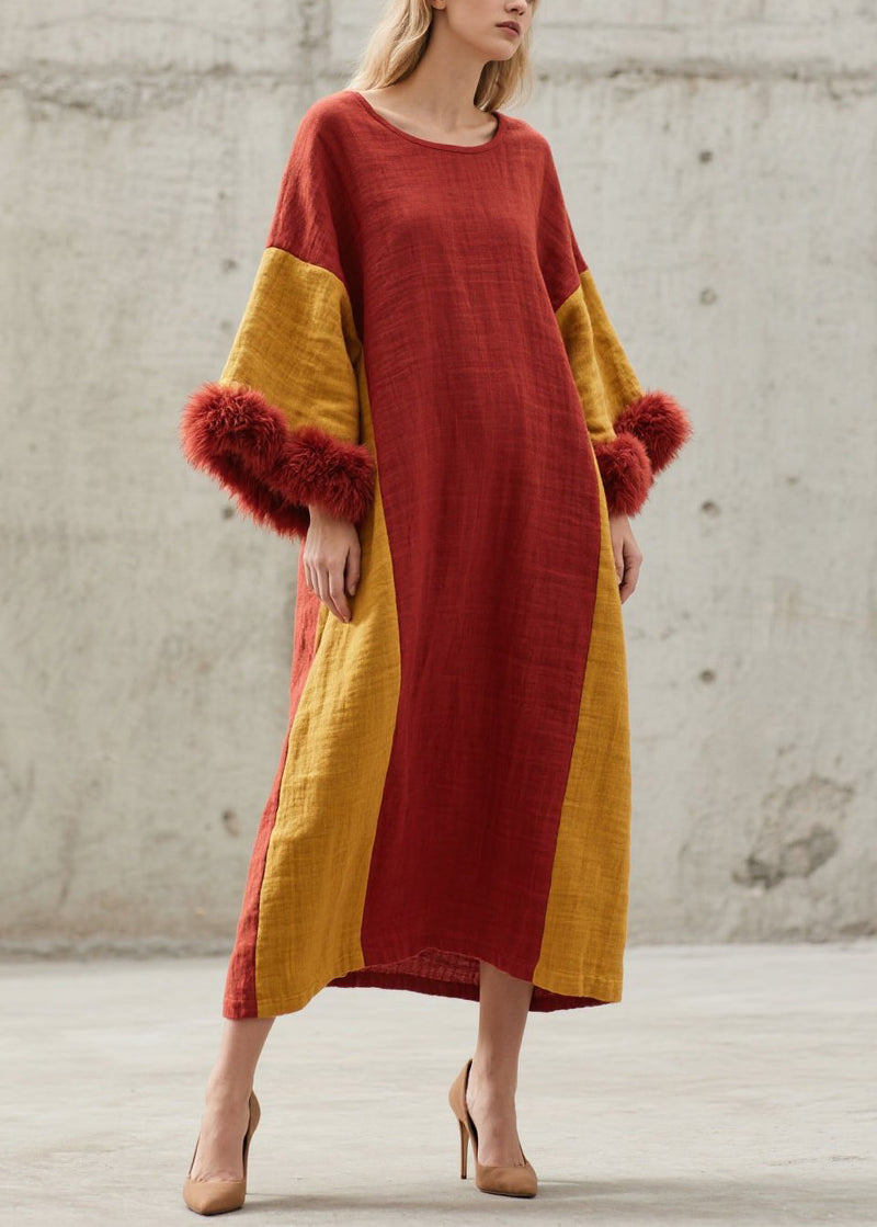 Colorblock O Neck Fuzzy Fur Patchwork Cotton Long Dresses Fall