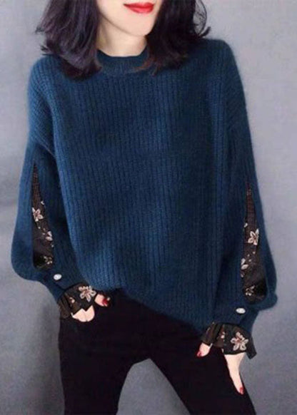 Classy Blue Tulle Knit Sweater Tops Winter