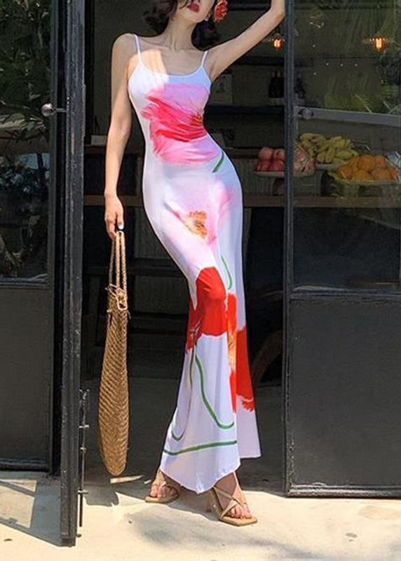 White Print Silk Maxi Spaghetti Strap Dress Sleeveless