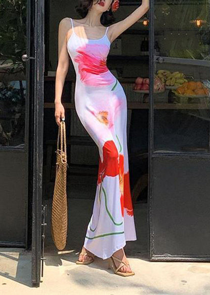 White Print Silk Maxi Spaghetti Strap Dress Sleeveless