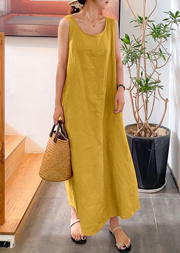 Modern Yellow O-neck Slim Fit Cotton Long Dresses Sleeveless