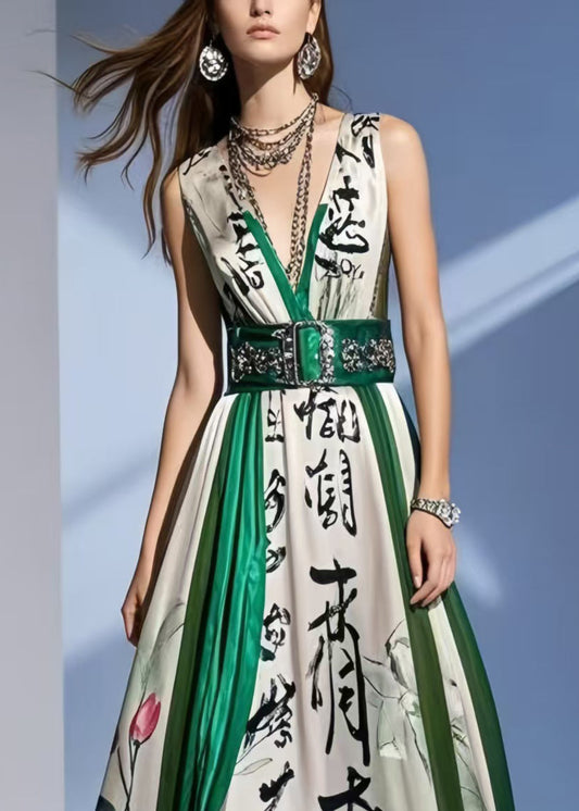 White Print Draping Silk Tunic Dresses Sleeveless