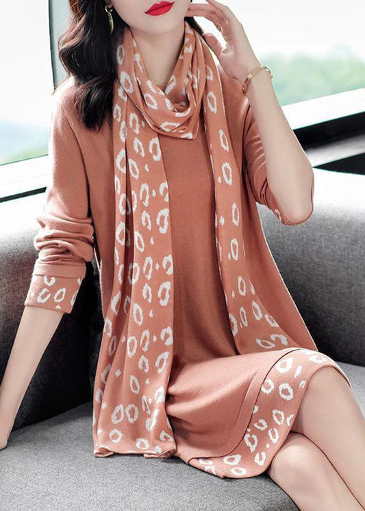 Pink O-neck Patchwork Scarf Long Knit Dress Long Sleeve