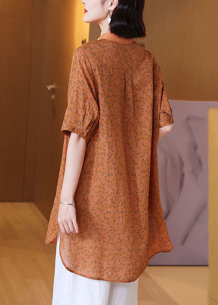 Orange Peter Pan Collar Print Patchwork Linen Shirts Top Summer