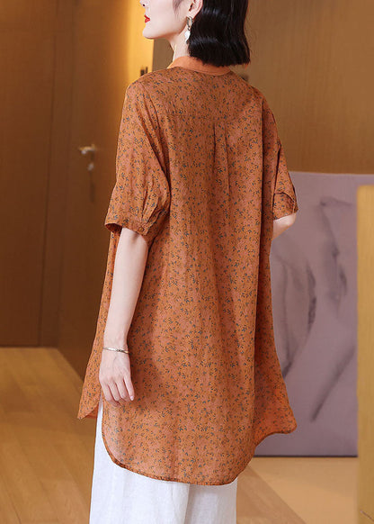 Orange Peter Pan Collar Print Patchwork Linen Shirts Top Summer