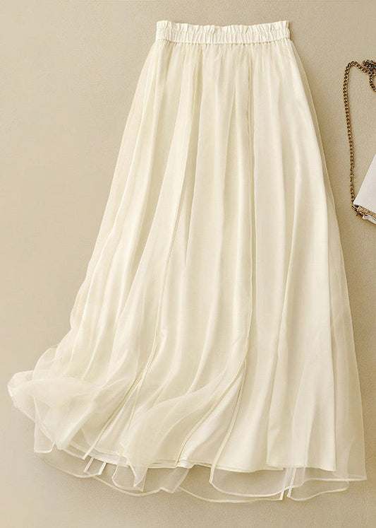Apricot Elastic Waist Wrinkled Patchwork Tulle Skirts Summer