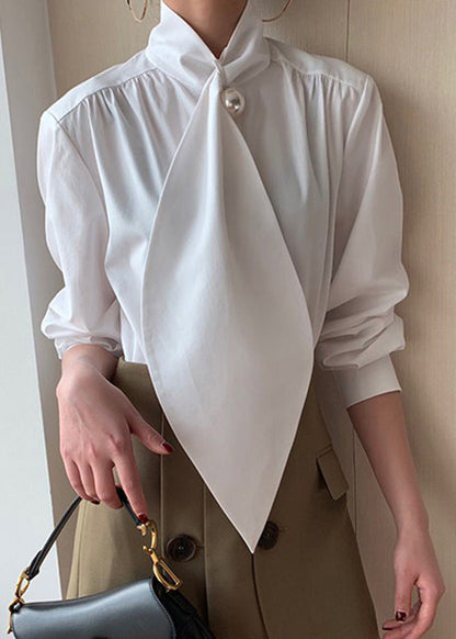 Classy White Bow Patchwork Cotton Shirts Spring