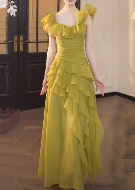 Green Square Collar Ruffled Patchwork Chiffon Dress Summer