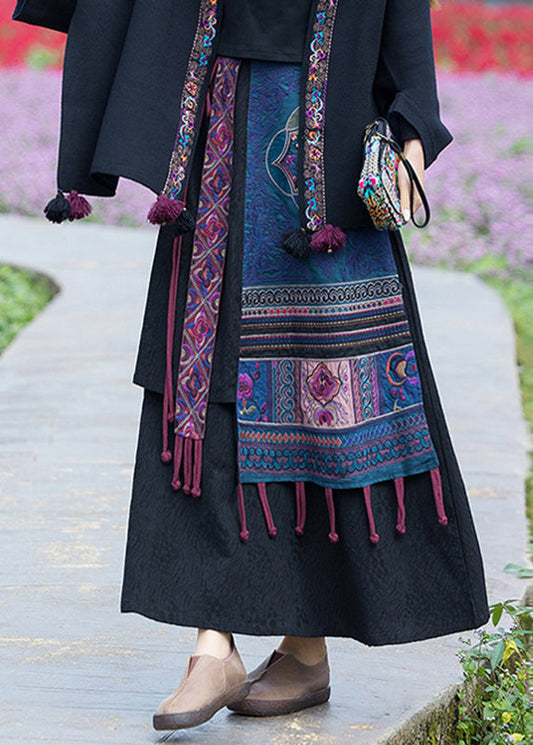 Handmade Navy Embroideried Elastic Waist Tassel Linen Skirt Fall