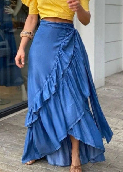 Blue Ruffled Tie Waist Patchwork Denim Skirts Summer