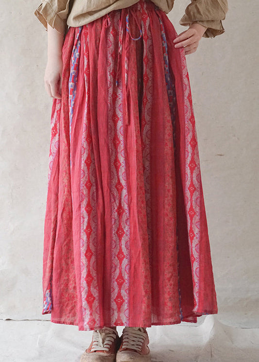 Red Elastic Waist Pocket Print Linen Beach Skirt Spring