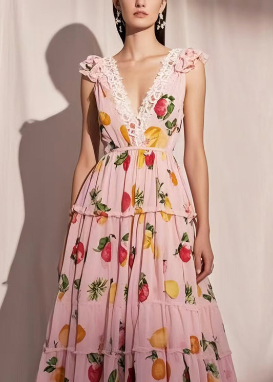 Organic Pink Fruit Print Exra Large Hem Chiffon Maxi Dresses Summer