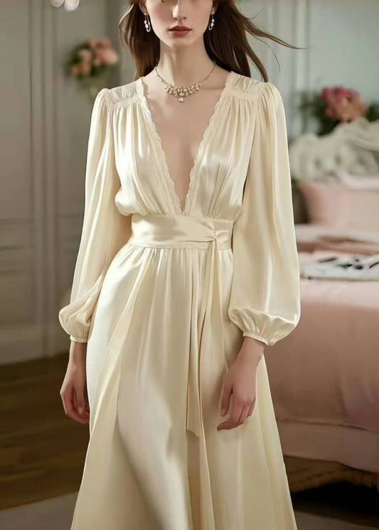 Boutique Champagne Deep-v Neck Draping Silk Long Dress Spring