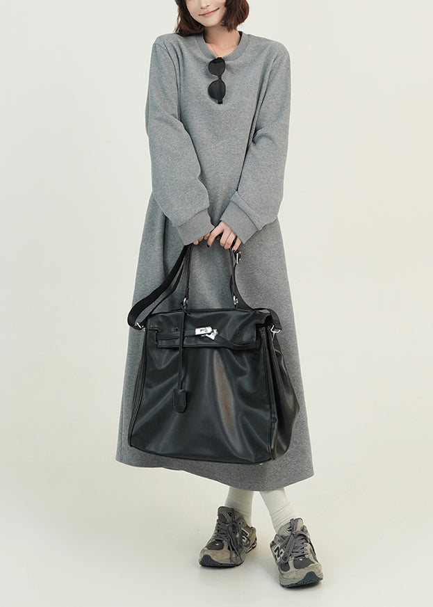 Grey O Neck Loose Cotton Straight Dresses Fall