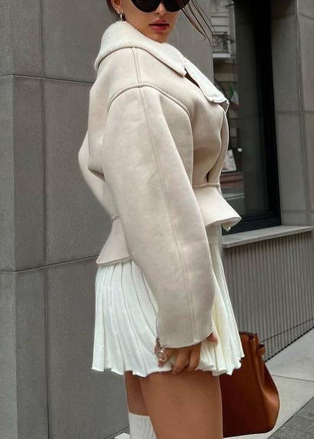 Beige Peter Pan Collar Patchwork Zippered Faux Suede Coat Fall