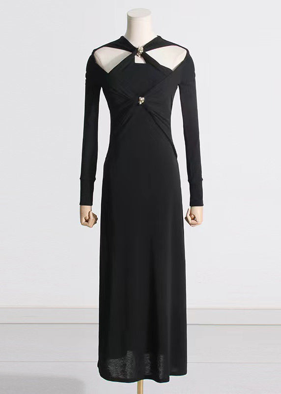 Italian Black Hollow Out Patchwork Cotton Long Dress Fall