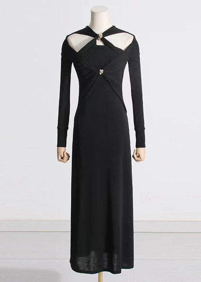 Italian Black Hollow Out Patchwork Cotton Long Dress Fall
