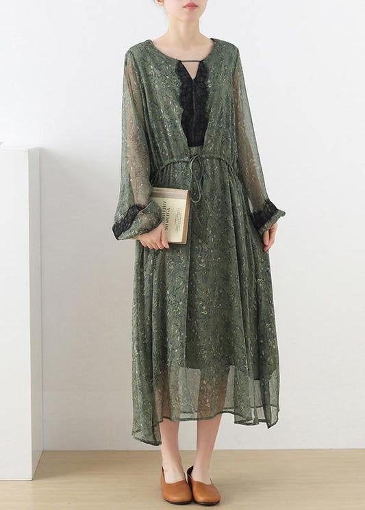 French Green Print Chiffon Patchwork Summer Vacation Dresses