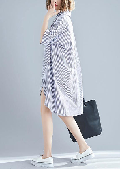 Italian Gray Striped Linen Dress Photography Lapel Asymmetric Midi Summer Dresses