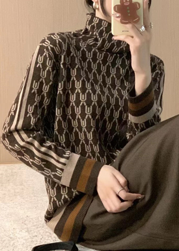 Coffee Striped Print Patchwork Woolen Sweaters Fall