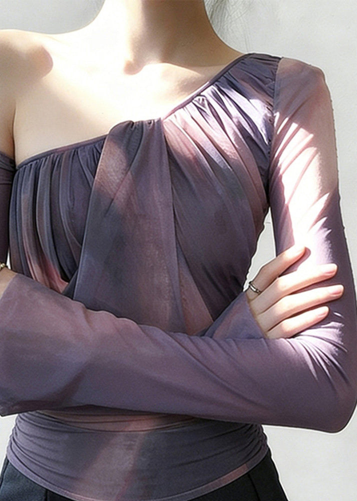 Purple One Shoulder Wrinkled Tulle Shirt Spring