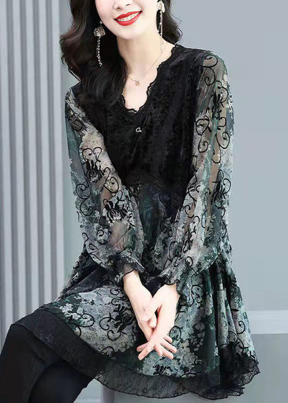 Slim Fit Black V Neck Velour Patchwork Layered Chiffon Tops Long Sleeve