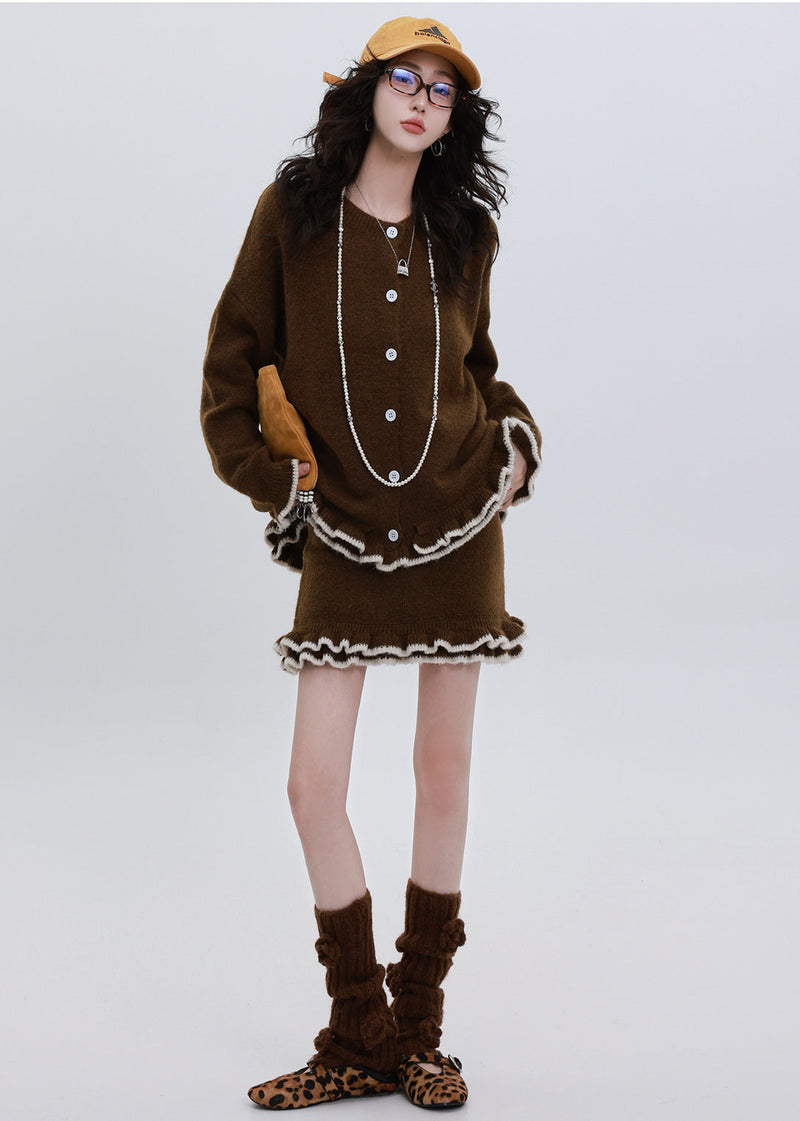 Chocolate Cozy Knit Cardigan and Skirt Two Pieces Set Ruffled Winter