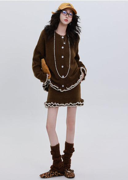 Chocolate Cozy Knit Cardigan and Skirt Two Pieces Set Ruffled Winter