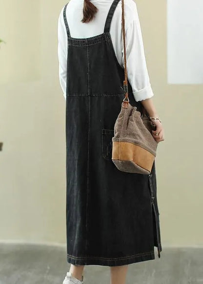Unique Slash Neck Hole Long Dress Sewing Denim Black Dress
