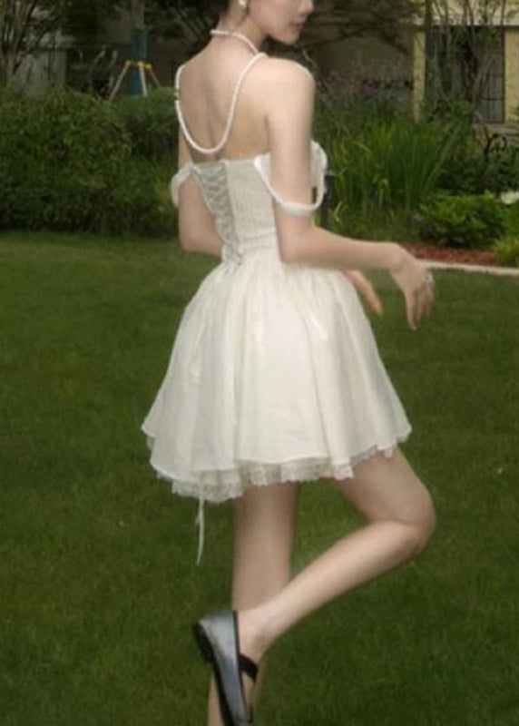 French White Cold Shoulder Mid Dress Summer