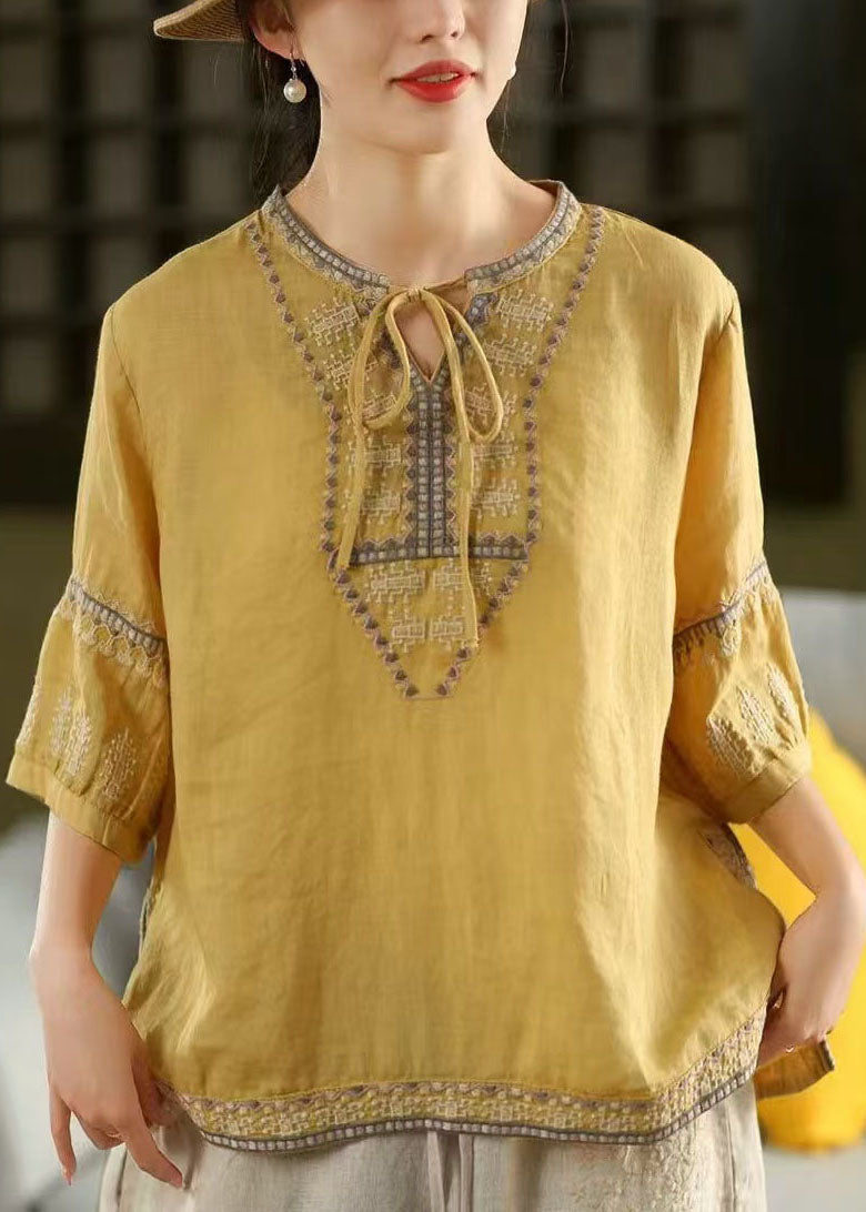 Yellow Embroidered Tie Neck Linen Blouses Half Sleeve