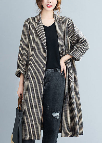 Khaki Peterpan Collar Button Pockets Striped Fall Long Sleeve Trench Coats