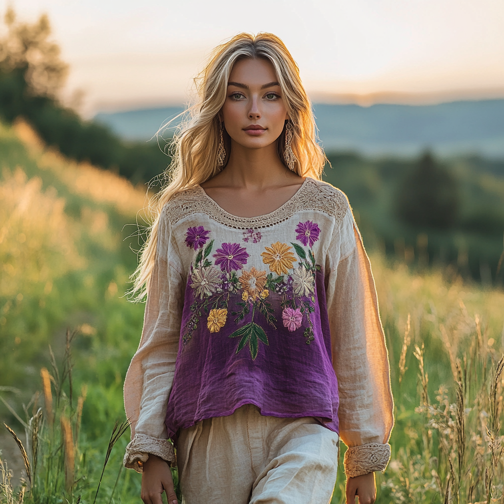 Women's Vintage Bohemian Floral Colorblock Cotton And Linen T-shirt elevenforest