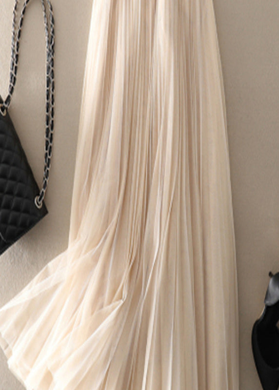 Style Apricot Wrinkled Patchwork Tulle Pleated Skirt Spring