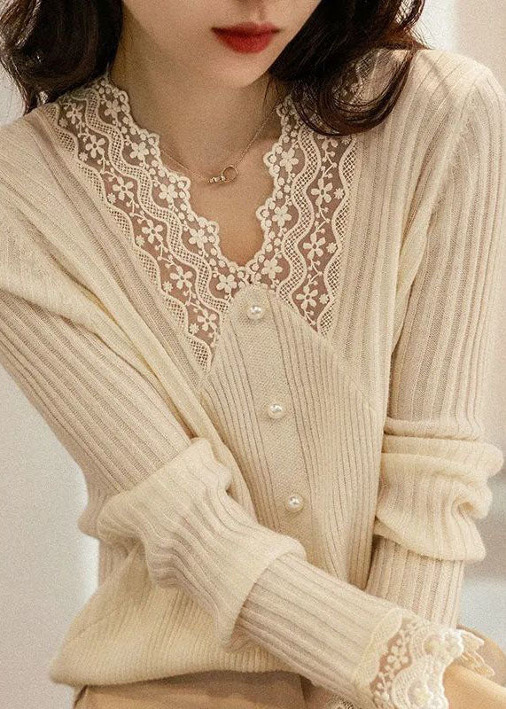 Apricot V Neck Thick Lace Patchwork Nail Bead Knit Sweater Tops Winter
