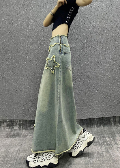 Blue Tasseled Nail Bead High Waist Denim Skirts Spring