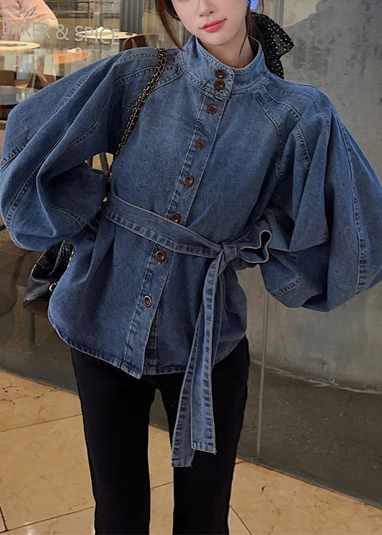 Blue Button Tie Waist Denim Shirt Lantern Sleeve