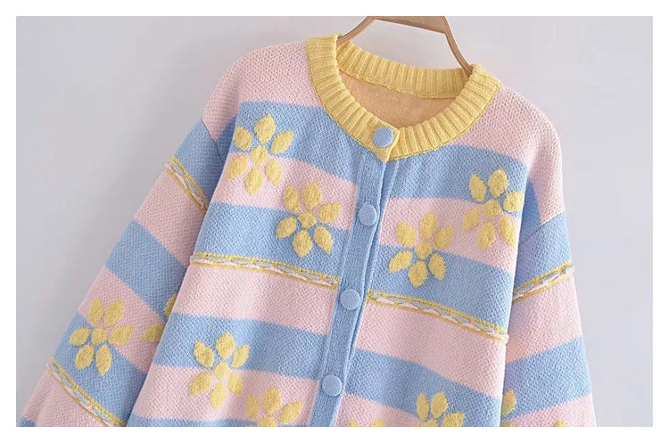 Sweet Flower Printed Jacquard Knitted Coat Cardigan 7302