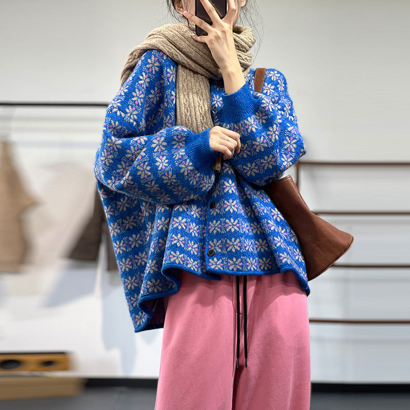 Knit Lazy Single-breasted Jacquard Thermal Cardigan Sweater