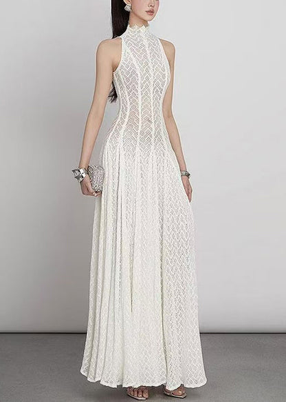 White Hollow Out Lace Maxi Dress Sleeveless