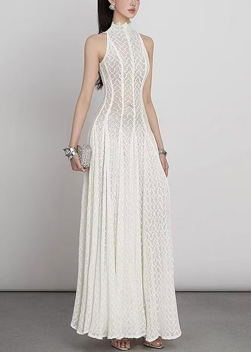 White Hollow Out Lace Maxi Dress Sleeveless