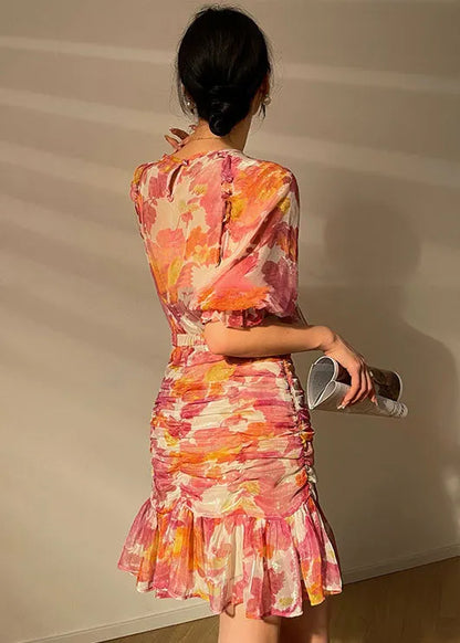 Red Wrinkled Print Chiffon Tops and Wraped Skirts Sets Two Pieces Summer