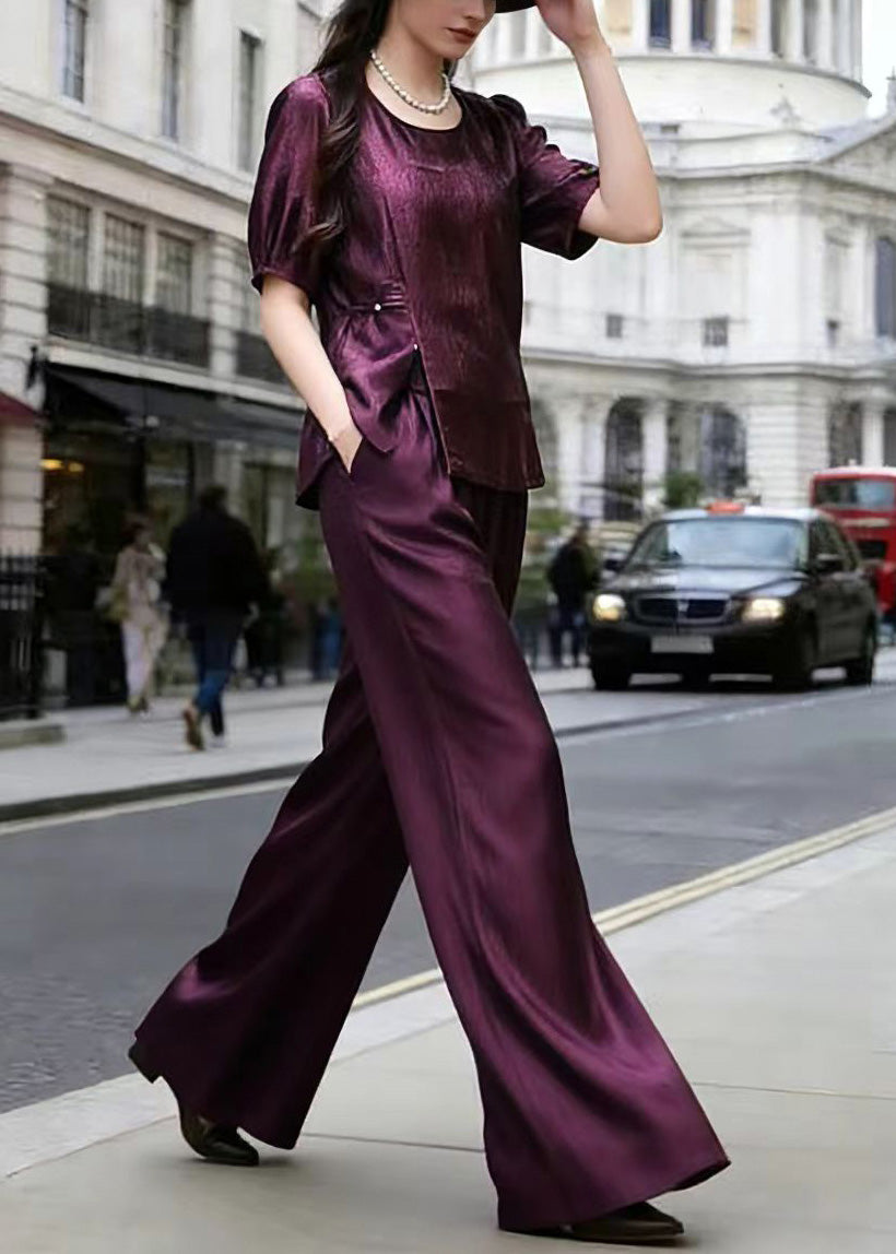 Purple Top and Wide Leg Pants Silk Two Piece Set Summer