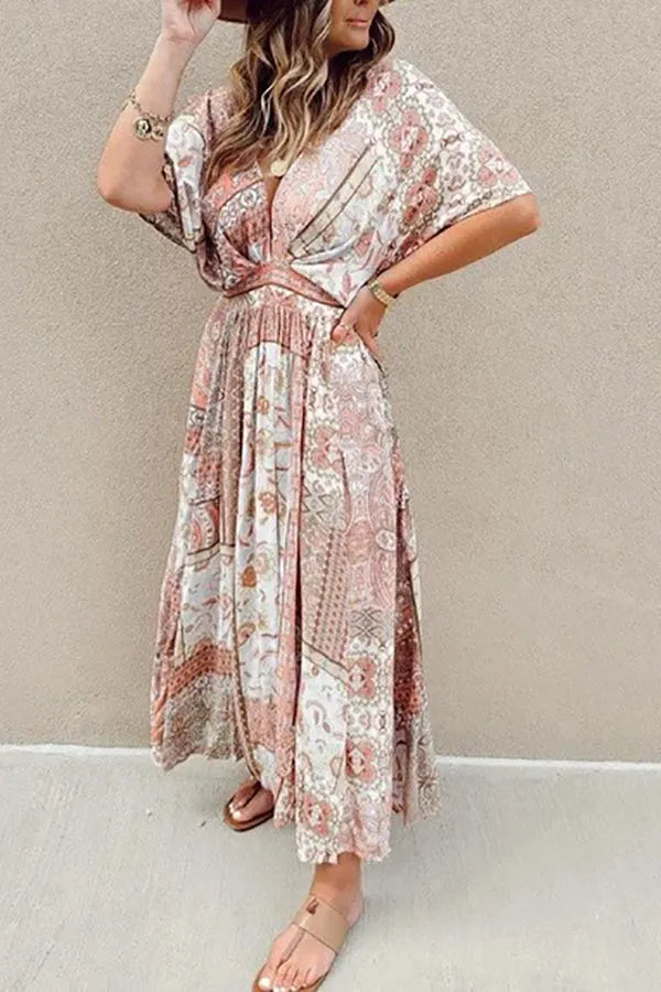 Print Bat Slit Maxi Dress