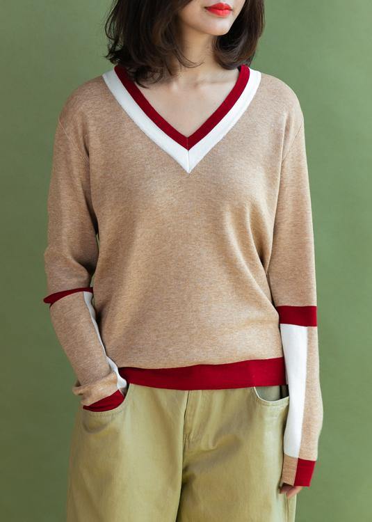 Chunky Khaki Knit Blouse V Neck Sweaters Side Open