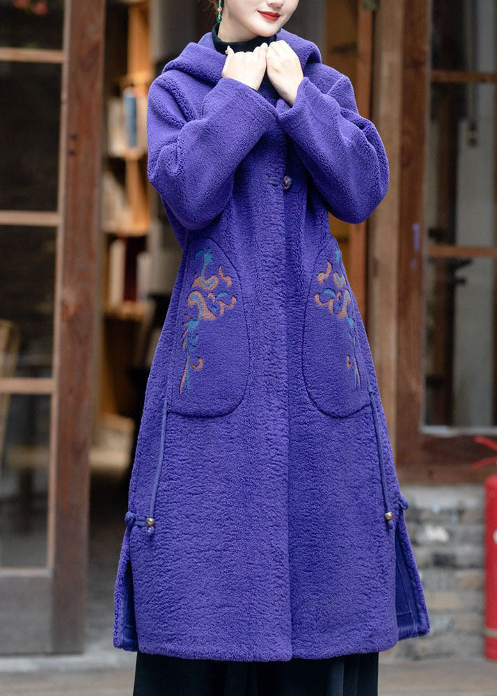 Purple Hooded Embroideried Tassel Teddy Faux Fur Coats Winter